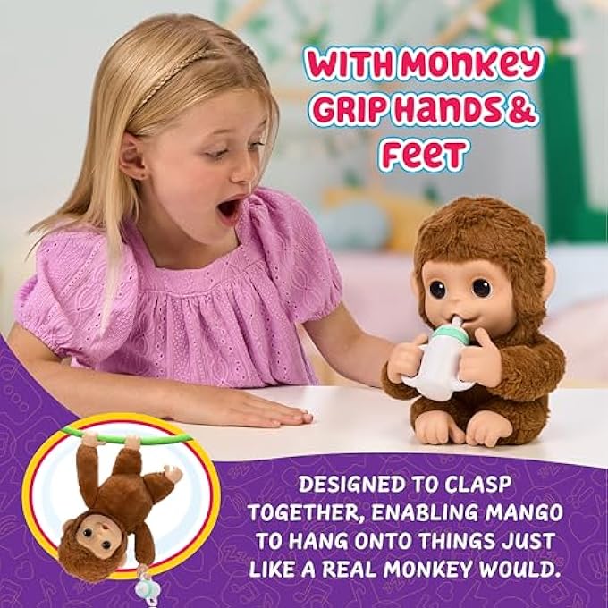 rayihni MY BABY MONKEY - ADORABLE PET MONKEY WITH OVER 50 SOUNDS & REACTIONS. EXPRESSIVE MOVING MOUTH. MANGO HIS THUMB, FEEDS FROM HIS BOTTLE, & HANGS FROM HIS HANDS & FEET! - Image 5